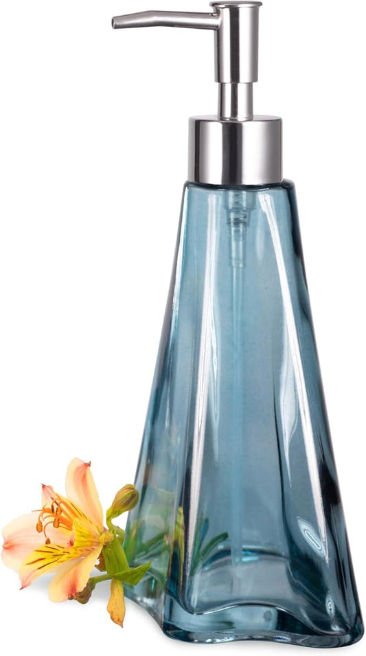 EMPO Vintage Elegant Glass Soap Dispenser, Liquid Soap/Sanitizer/Shampoo Bottle with Golden ABS Pump, Rustic Farmhouse Decor Hand Soap Dispenser Bathroom Accessories (Ripple Yale-Blue)
