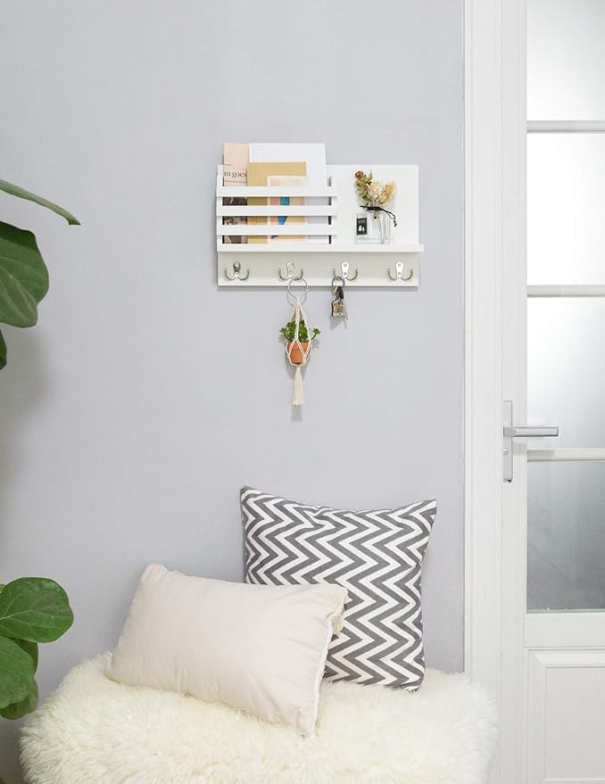 Dahey Wall Mounted Mail Holder Wooden Key Holder Rack Mail Sorter Organizer with 4 Double Key Hooks and A Floating Shelf Rustic Home Decor for Entryway or Mudroom,15.7" W x9.3 Hx3.2 D, White