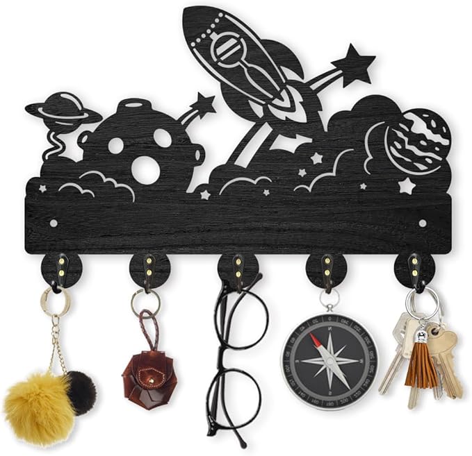 MAYJOYDIY Rocket Planet Coat Rack Wall Mount 11.8×7.9inch Wood Key Holder for Wall Key Hanger Mysterious Space Theme Key Hooks 5 Alloy Hooks Star Cloud Black Key Rack for Art Decor Entryway Gift