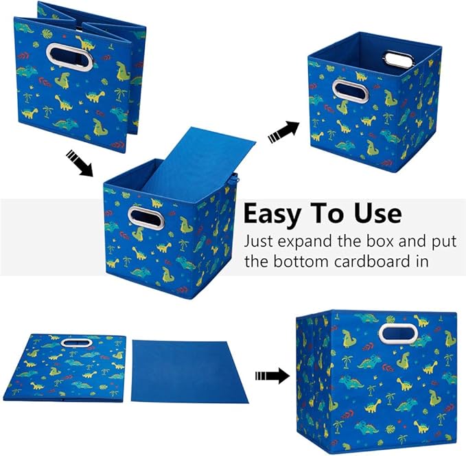 Dinosaur Fabric Storage Cubes Bins Kids 13x13x 13 in Navy Blue Storage Cubes Inserts Foldable Cloth Storage Boxes Collapsible Storage Baskets Drawer for Cube Organizer ,QY-SC06-6