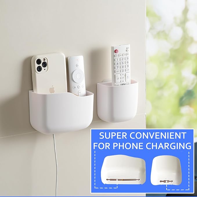 Remote Holder Wall Mount TV FAN Remote Control Holder Bedside Caddy Wall Organizer Phone Holder for Office Adhesive Media Player Controller Holder Box Tray Home Desk Nightstand White 1Big 1Small