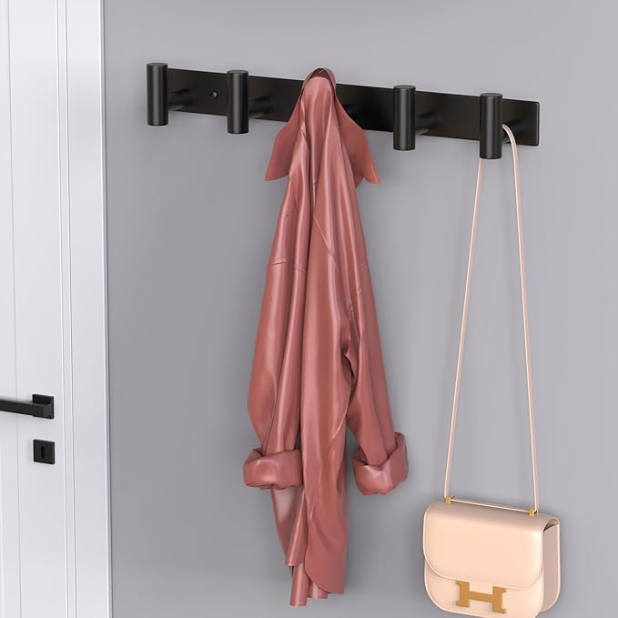 HUFEEOH 2 Pack Coat Hooks Wall Mount, Black T Shaped 5 Hooks Stainless Steel Wall Hooks Towel Rack for Hanging, Heavy Duty Key Holder Hat Rack Used for Bathroom Mudroom Entryway