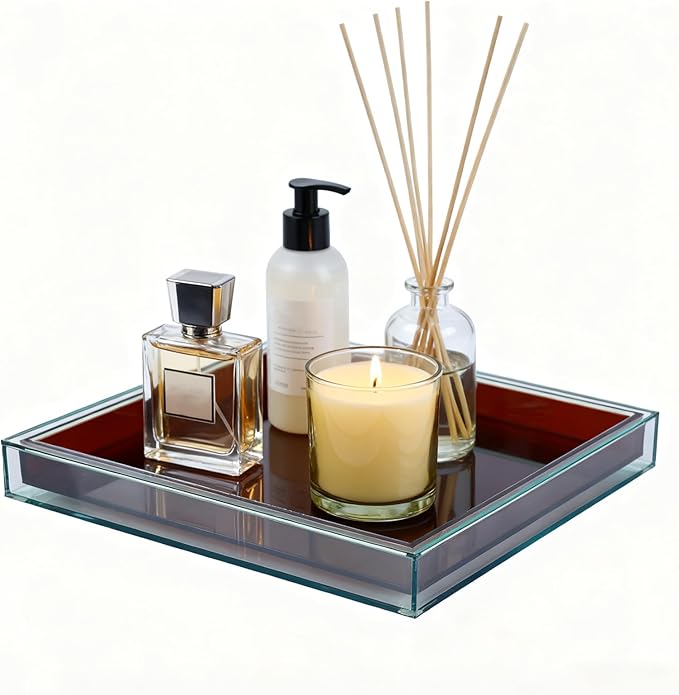 10"x10" Brown Acrylic Tray, Decorative Bathroom Vanity Counter Tray for Perfume, Candle, Soap, Coffee Table & Kitchen â Square Acrylic Organizer for Sink, Entryway Table, Dresser Home Decor