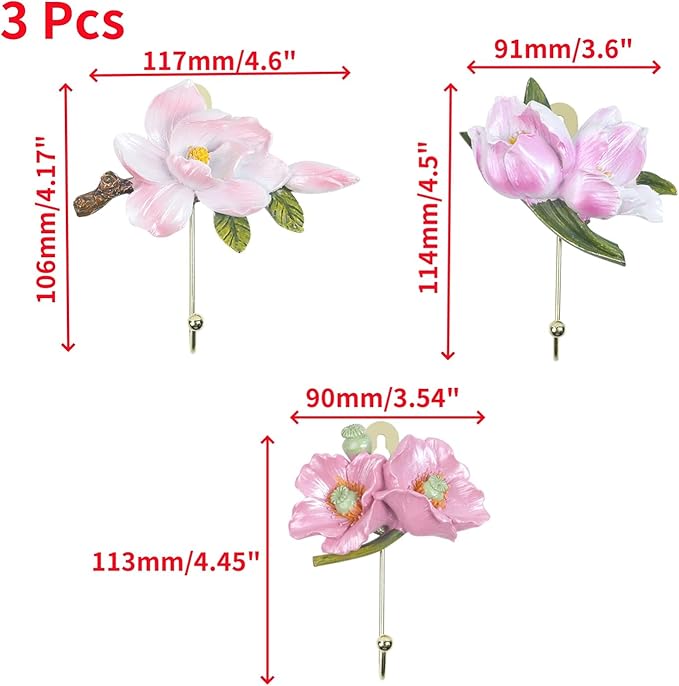 Oedema 3 Pcs Vintage Wall Hooks Flower Shaped Decorative Wall Mounted Art Flower Hook for Hanging Clothes Keys Hats Towels, Three Styles