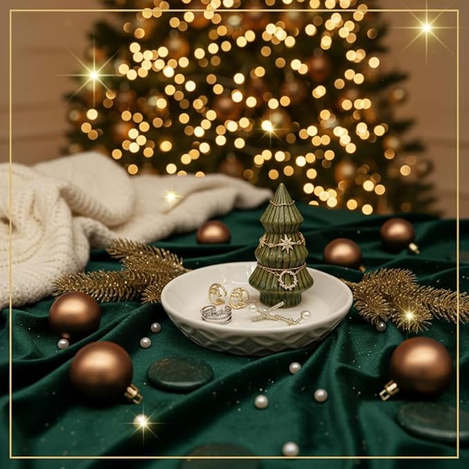 Moss Green Christmas Tree Ring Dish - Ceramic Jewelry Holder for Kitchen Sink or Vanity - Aesthetic Sage Green Room Decor, Holiday Xmas Tree Trinket Tray, Christmas Gifts for Women
