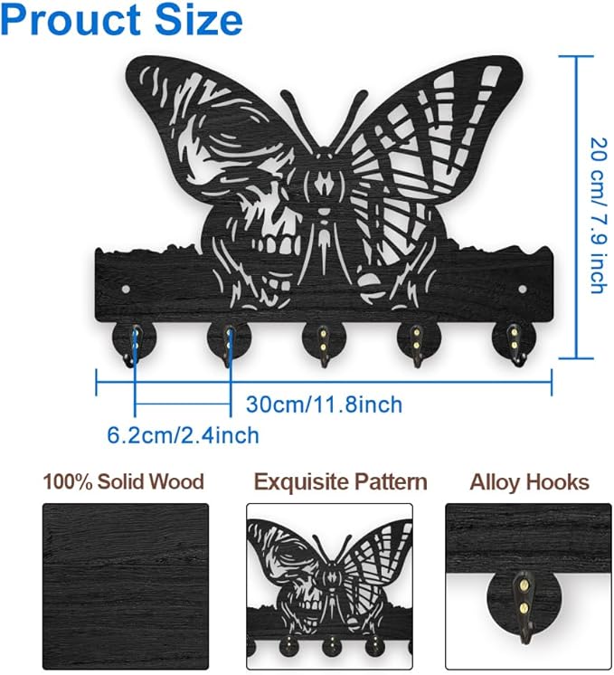 MAYJOYDIY Wooden Skeleton Butterfly Key Hook Insect Skull Coat Holder for Wall 11.8×7.8 inch Black Art Key Holder with 5 Alloy Hooks for Entryway Bedroom Living Room Home Decor