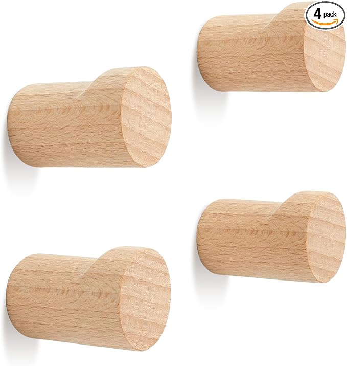 4Pcs Natural Wooden Wall Hooks Solid Wood Hangers Hooks Rustic Wooden Coat Hat Hooks for Entryway Bathroom Wall