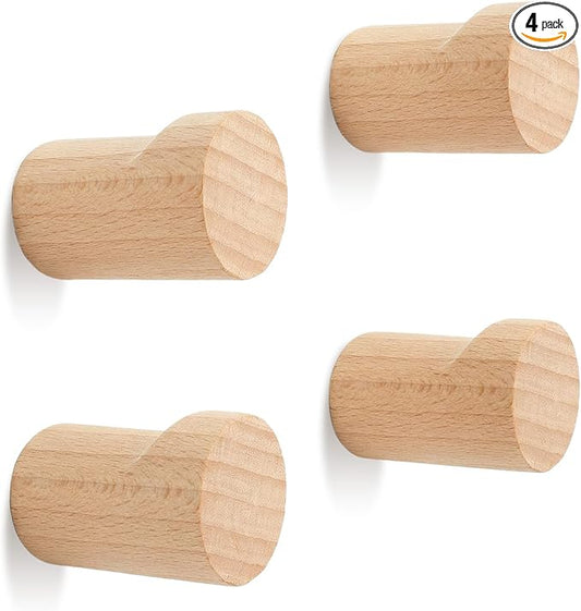4Pcs Natural Wooden Wall Hooks Solid Wood Hangers Hooks Rustic Wooden Coat Hat Hooks for Entryway Bathroom Wall