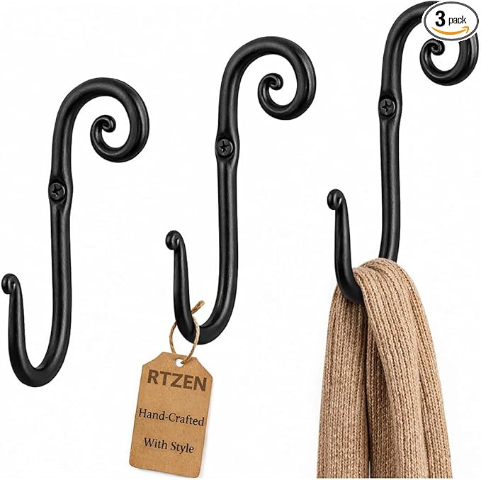 RTZEN Wall Mount Hook Set - Wrought Iron Decorative Rustic Metal Coat Hooks for Hanging - Handcrafted Classic Farmhouse Wall Mounted Black Hooks for Towel Robe or Hat Hanging - 3 Pack