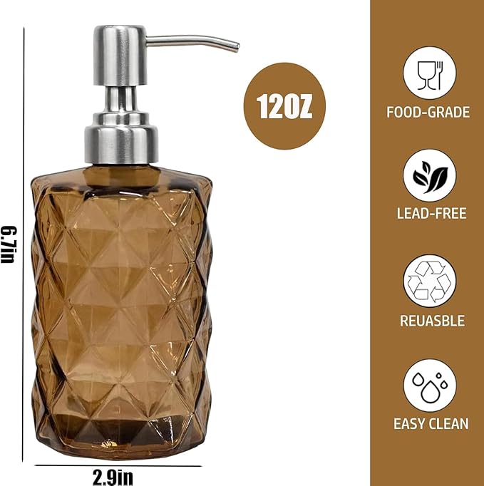 12Oz Brown Soap Dispenser Bathroom - 2 Pack, Clear Glass Hand Soap Dispensers with Stainless Steel Pump, Refillable Dish Soap Dispenser for Kitchen, Countertop Soap Dispensers