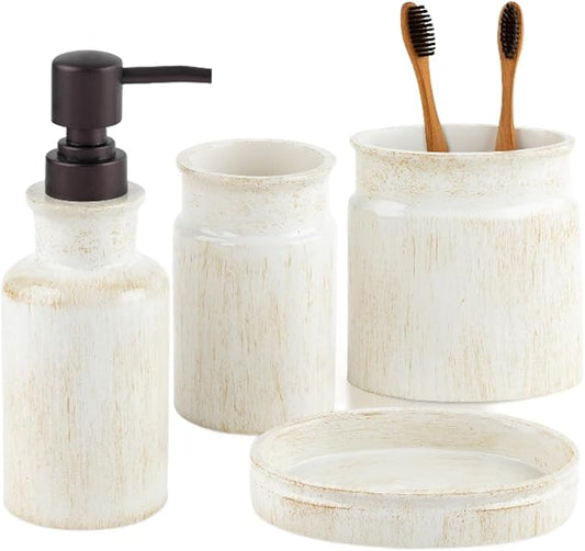 Creative Scents Rustic Luxe Bathroom Accessory Set Complete - 4 Piece Beige Bathroom Soap Dispenser Set has: Lotion Dispenser, Toothbrush Holder, Tumbler & Soap Dish; Modern Farmhouse Bathroom Decor