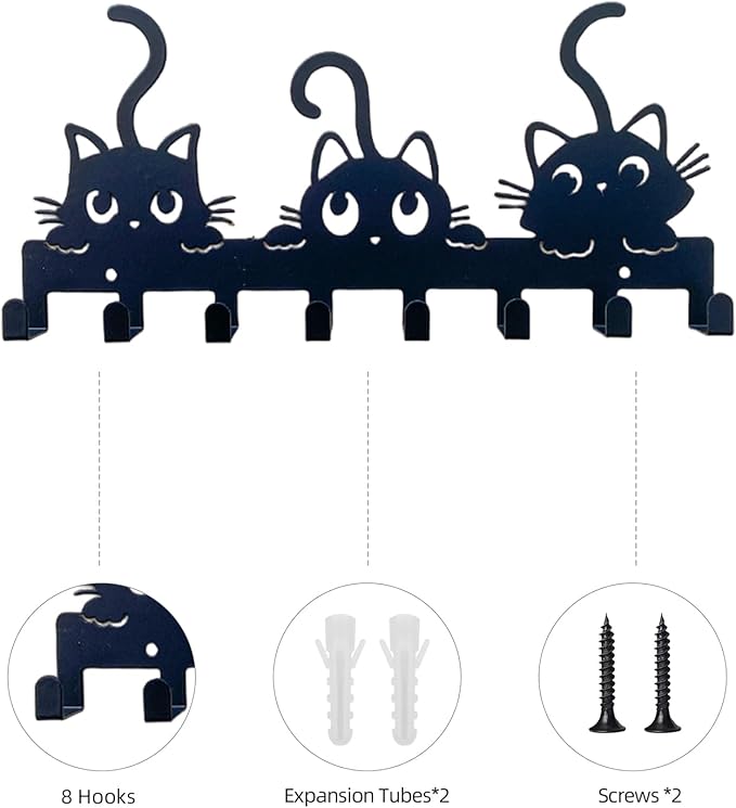 New Key Holder Wall Mounted with Screws and Anchors, Black Cute Dog Leash Holder with 5 Hooks, Entryway Front Door Kitchen Hallway Garage Office (Dog)