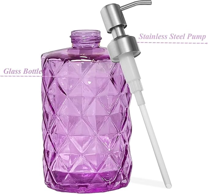 12Oz Purple Soap Dispenser Bathroom - 2 Pack, Clear Glass Hand Soap Dispensers with Stainless Steel Pump, Refillable Dish Soap Dispenser for Kitchen, Countertop Soap Dispensers