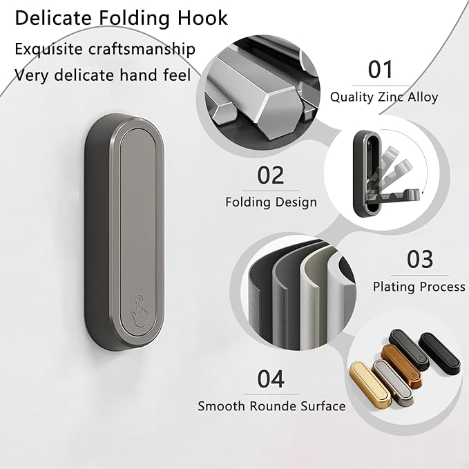 4PCS Folding Coat Hooks, Heavy Duty Wall Hooks Made of Zinc Alloy, Foldable Wall Hooks for Hanging Coats, Scarves, Hats, Bathrobes, Keys, Bags (Gray)