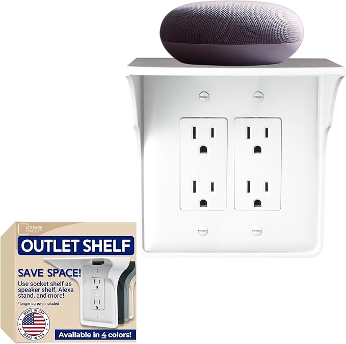 Power Perch Double Wall Outlet Shelf with Cord Storage Strap - Declutter & Reclaim Bathroom Counter Space - Alexa Stand, Apple Homepod Shelf, Toothbrush Holders Wall Mounted - White, 1-Pack