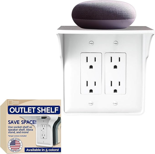 Power Perch Double Wall Outlet Shelf with Cord Storage Strap - Declutter & Reclaim Bathroom Counter Space - Alexa Stand, Apple Homepod Shelf, Toothbrush Holders Wall Mounted - White, 1-Pack