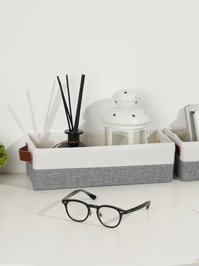 HNZIGE Small Fabric Storage Bins with Handles 3 Pack, Foldable Narrow Baskets for Organize Toilet Paper, Clothes, Diaper, Sock, Storage Bins for Shelves, White&Grey-13"x 5.9"x3.9"