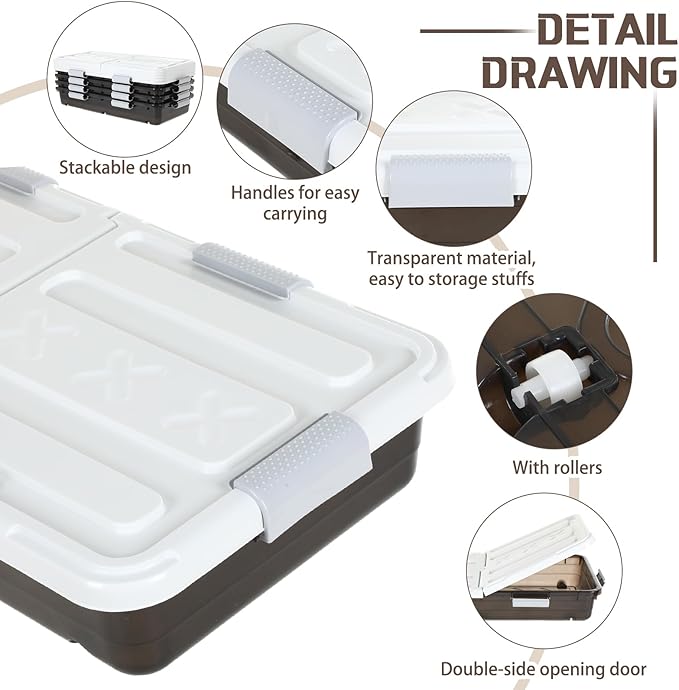 4 Pcs Plastic Under Bed Storage Container with Double Opening Lid Wheel Handle, Transparent Large Capacity Stackable Latching Festival Storage Bin for Closet Bedroom, 31.5x15.8x5.2 In(Brown)