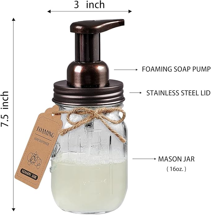 Amolliar Mason Jar Bathroom Accessories Set(4 Pack) - Foaming Soap Dispenser&Qtip Holder Set&Toothbrush Holder-Rustic Farmhouse Decor Bathroom Organizer Apothecary Jar Country Countertop (Bronze)
