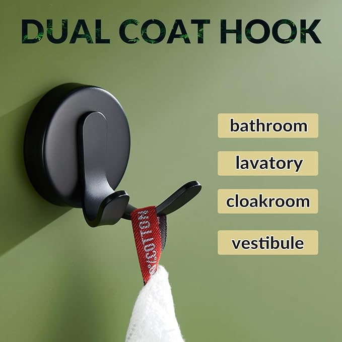 APLusee Matte Black Double Towel Hook, Stainless Steel Bathrobe Hook for Bathroom, Heavy Duty Storage Towel Hanger, Wall Mounted