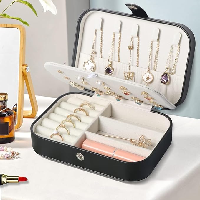 Travel Jewelry Box,Small Jewelry Organizer Boxes for Women Girls, 2 Layer Travel Jewlery Case,PU Leather Mini Portable Jewerly Storage Display Holder for Earrings,Ring,Necklaces,Bracelets -Black
