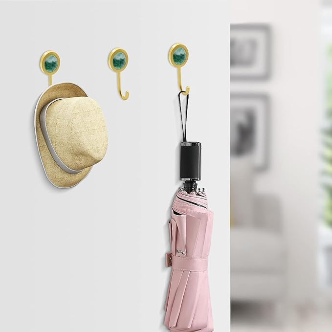 2 Pack Adhesive Hooks, Brass Wall Hooks, Bath Towel Hook, Self Adhesive Hooks Wall Hangers Without Nails for Entryway Kitchen Bathrooms Door (Green)