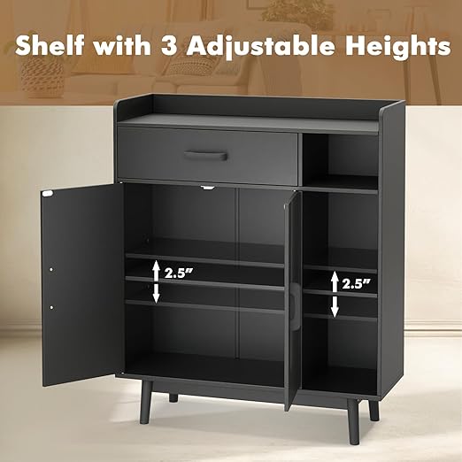 Giantex Floor Storage Cabinet, Freestanding Cupboard with 1 Drawer, 2 Doors, 3 Shelves, 4 Rubber Wood Legs, Sideboard, Entryway Unit for Home Office, Living Room, Storage Organizer (Black)