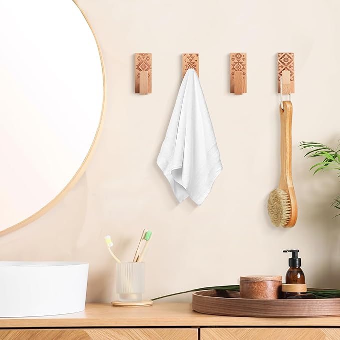 Amyhill 8 Pack Boho Decorative Wood Adhesive Wall Hooks, Boho Wooden Hooks for Hanging Hat, Coat, Jacket - No Damage Wall Mount Towel Hangers Key Holder, Bathroom Kitchen Decor(Classic Color)