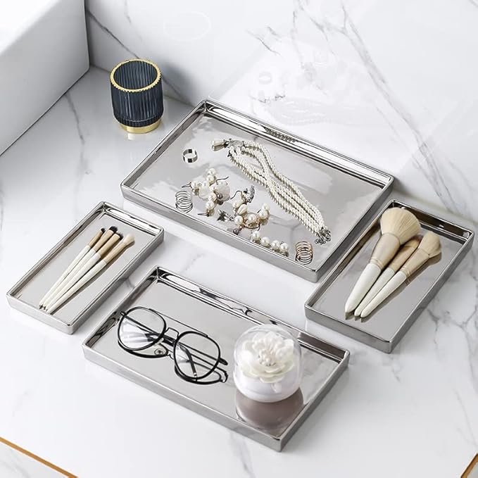 Jewelry Dish Tray Ceramic Trinket Tray Rectangte Vanity Makeup Mirror Tray Silvery