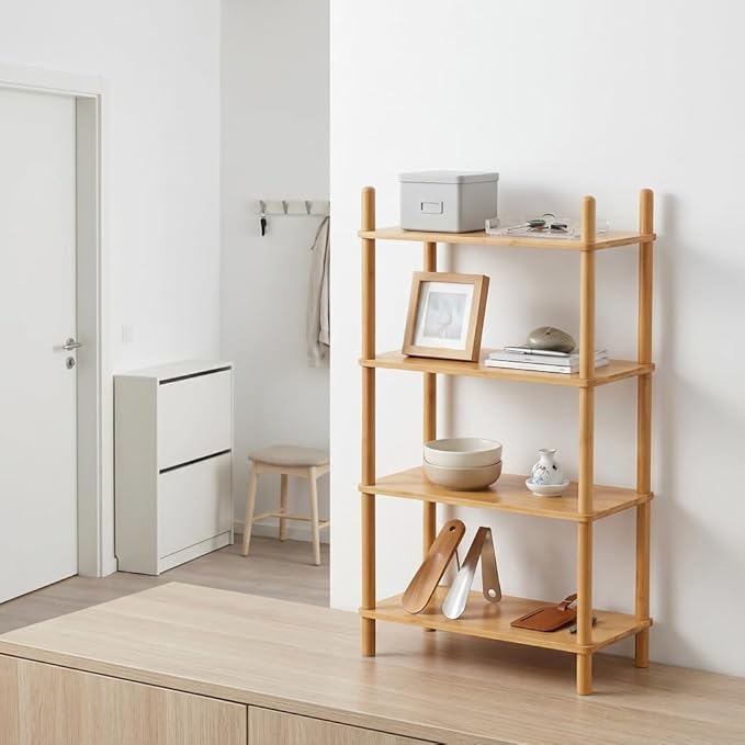 4-Tier Expandable Bamboo Desktop Organizer Shelf Kitchen Cabinet and Counter Riser Display Shelf for Top of Desk Home Office Bathroom Coffee Table Display Stand