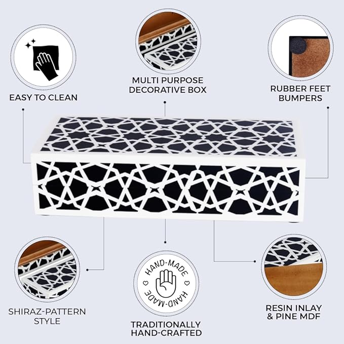 Handicrafts Home Decorative Storage Box with Lid– Black and White Box, Coffee Table Remote Control Organizer, Geometric Keepsake Box for Living Room, Shelf & Hallway Decor – Moroccan Zellij 10x4.5x2.5