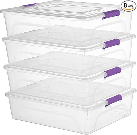novelinks Clear Stackable Storage Bins with lid Storage Boxes Durable Plastic Organizer Containers for Home Office, Kitchen, Craft Supplies (10 Quart 4 Pack Purple)