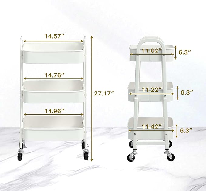AGTEK 3 Tier Utility Rolling Cart with Lockable Wheels, Metal Multifunctional Storage, Organizer Cart for Kitchen, Office, Living Room, Makeup, Craft, Art Studio, White