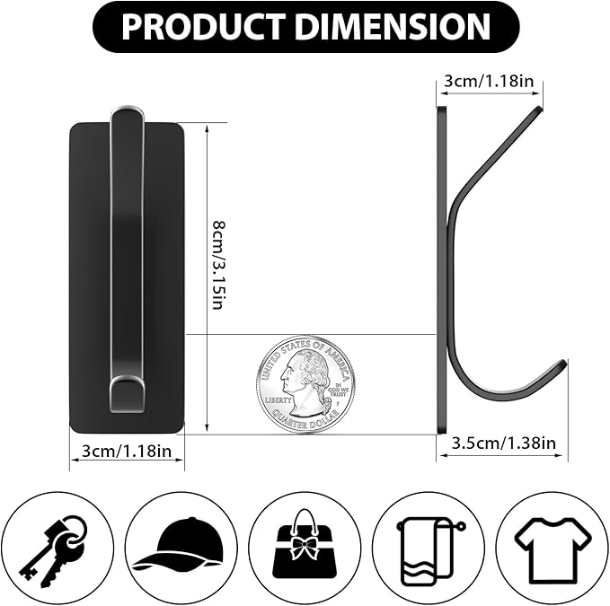 Adhesive Wall Hook for Towel, Coat, Extra Sticky 8LB Stainless Hook, Stick on Hanger for Bath or Shower, Black 6-Pack