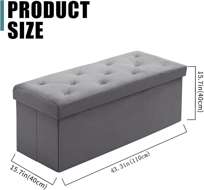 BRIAN & DANY 43 Inches Folding Storage Ottoman Bench, Velvet Ottoman with Storage for Living Room, Long Shoes Bench,Flannelette Footrest Benches Seat (Grey)