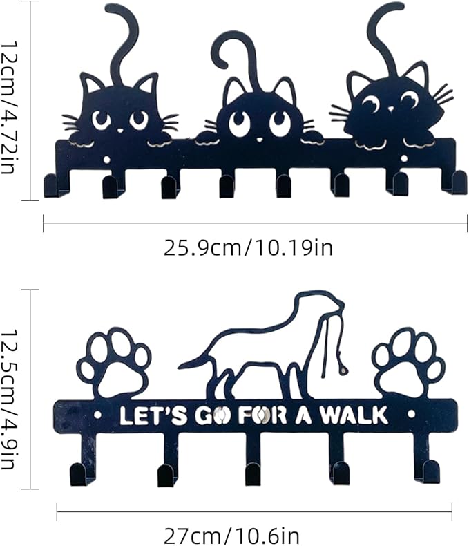 NEW Key Holder Wall Mounted with Screws and Anchors, Black Cute Cat Key Holder with 8 Hooks, Entryway Front Door Kitchen Hallway Garage Office(Three Cats)