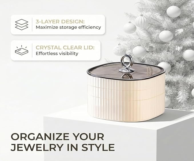 Jewelry Box, 3-Layer Acrylic Jewelry Organizer with Handle, Clear Jewelry Boxes for Women Girls, Make up Organizer, Jewelry Storage Holder (Cream)