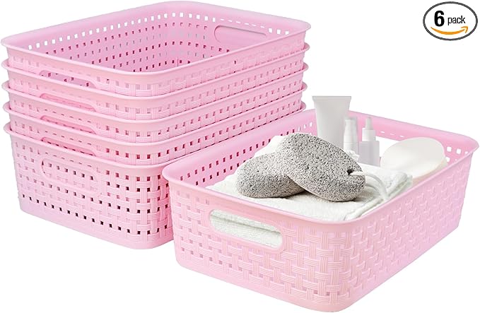 Plastic Storage Baskets, Small Pantry Baskets for Organizing, Woven Basket Organizer Basket Bins for Shelves, Organizer and Storage for Bathroom, Bedrooms, Kitchens (Pink 6pcs)