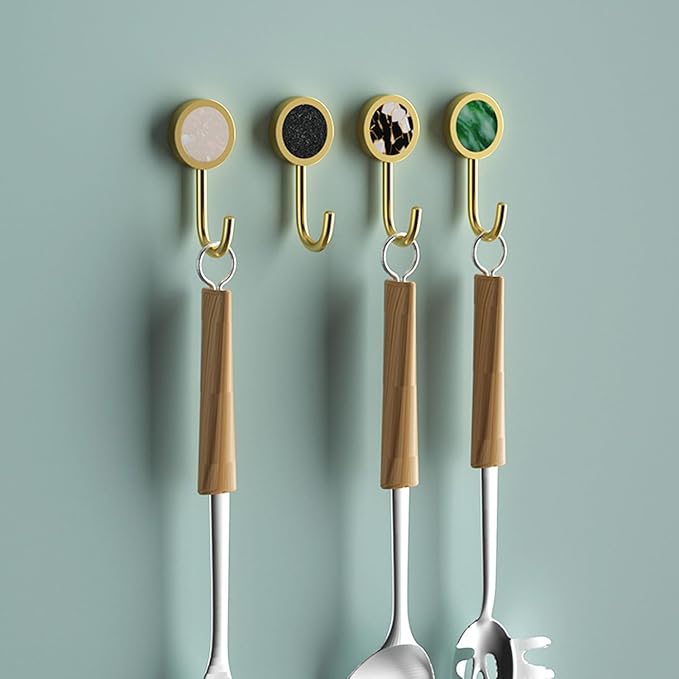 2 Pack Adhesive Hooks, Brass Wall Hooks, Bath Towel Hook, Self Adhesive Hooks Wall Hangers Without Nails for Entryway Kitchen Bathrooms Door (Green)