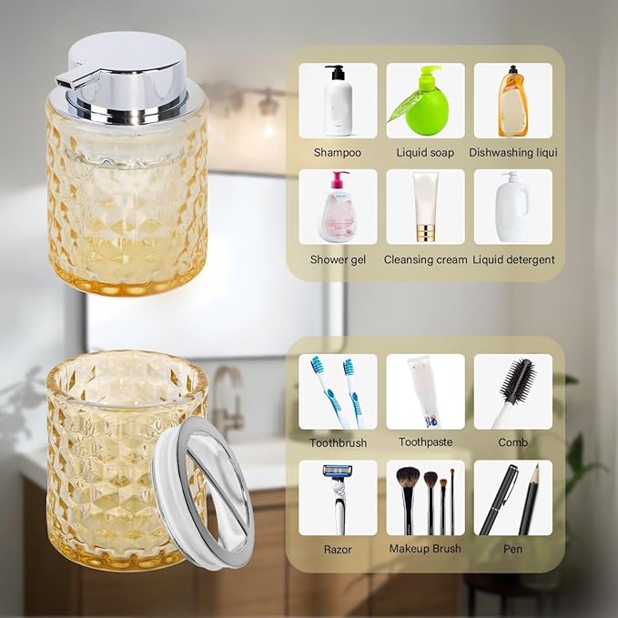 Bathroom Accessories Set, 3pcs Amber Glass Bathroom Accessory Set, Toothbrush Holder, Foaming Soap Dispenser and Tumbler, Silver Bathroom Decor Sets for Organizer, Home Apartment Gift