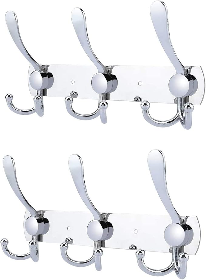Coat Rack Wall Mounted,3 Tri Stainless Steel Coat Hook for Coat Hat Robes Towel in Mudroom Entryway (Sliver, 2 Pack 3 Hook)