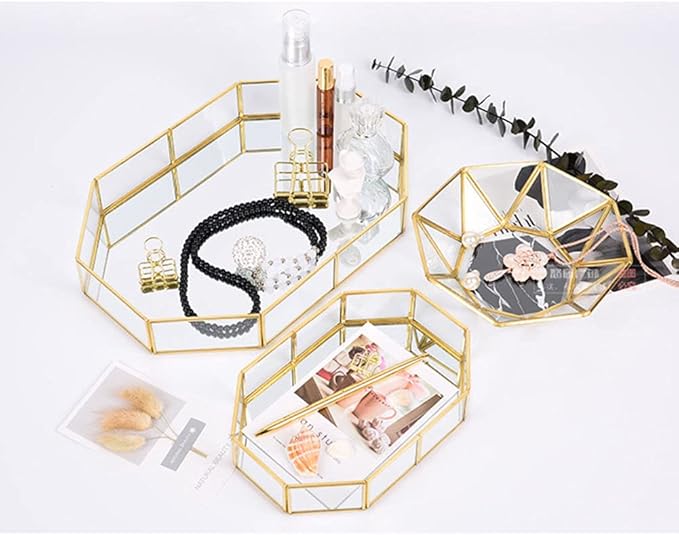 Octagonal Disc Vintage Gold Mirror Glass Vanity Tray,Ornate Geometric and Brass Plated Display Storage Organizer for Makeup Brushes/Lipstick/Skincare/Perfumes/Beauty Room/Bathroom Accessories