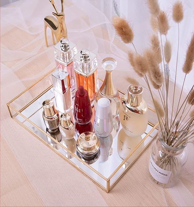 Sooyee Rectangle Mirror Decorative Tray, Gold can Hold Perfume, Jewelry, Cosmetics, Makeup, Magazine and More, for Vanity,Dresser,Bathroom,Bedroom(12âx8â)