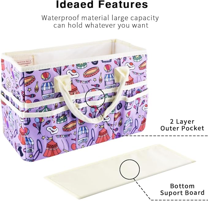 E-WEICHEN Craft Organizer Tote Bag Art Storage Caddy with Multiple Pockets Containers for Art,Craft,and Office Supplies Storage.Purple Circus