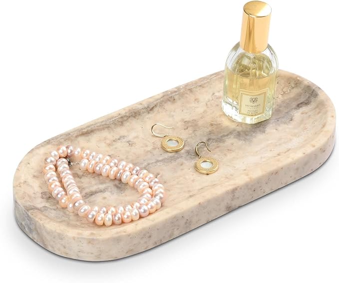 Bathroom Vanity Tray, Natural Marble Oval Tray 10 inch, GreyTravertine Vanity Tray for Soap Dispenser Modern Countertop Organizer for Kitchen Countertops, Home Decor