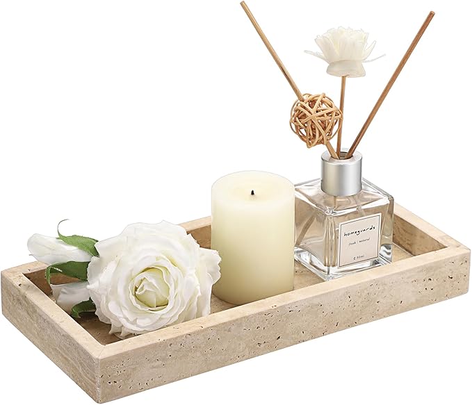 Hipiwe Natural Travertine Tray Vanity Decorative Tray Rectangular Perfume Trays Bathroom Countertop Storage Catchall Trays for Vanity Jewelry Trinket Candles Organizer, 9.8"x4.7"x1.2"