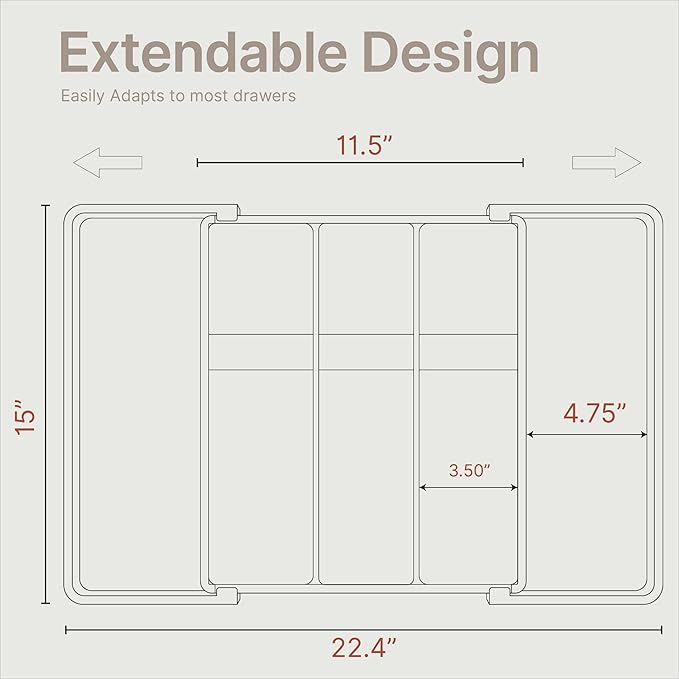 Gray Expandable Utensil Drawer Organizer 2 Pack, Adjustable 13” to 22.4”, 5 Compartment Silverware Organizer for Kitchen Utensils, Spatulas, Cutlery, and Tools, Easy to Clean, Durable, and BPA-Free