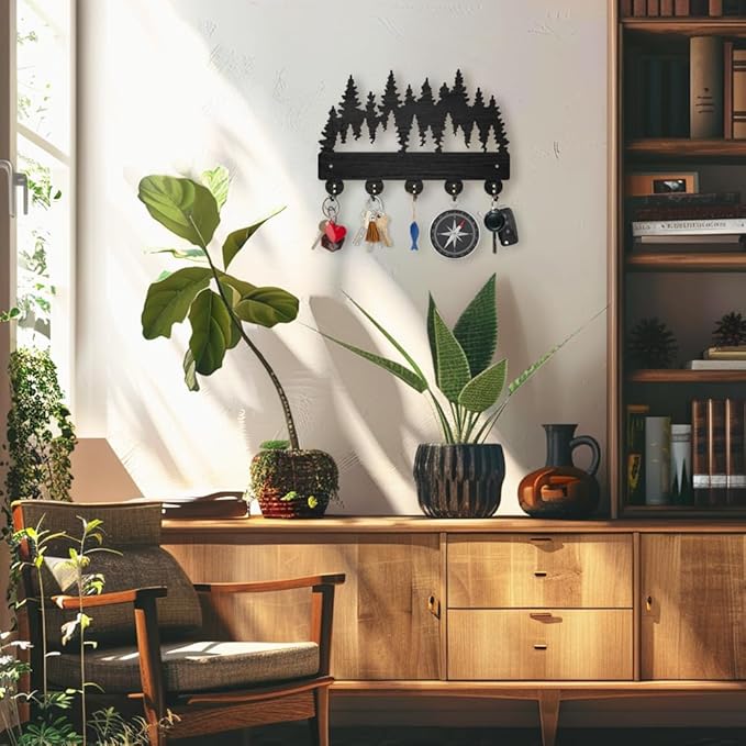 MAYJOYDIY Forest Coat Rack Wall Mount - 11.8x7.9 inch Wood Dense Forest Tree Wall Art Decor Key Holder 5 Alloy Hooks Black Hook Rack for Entryway, Living Room, Bedroom - Gift