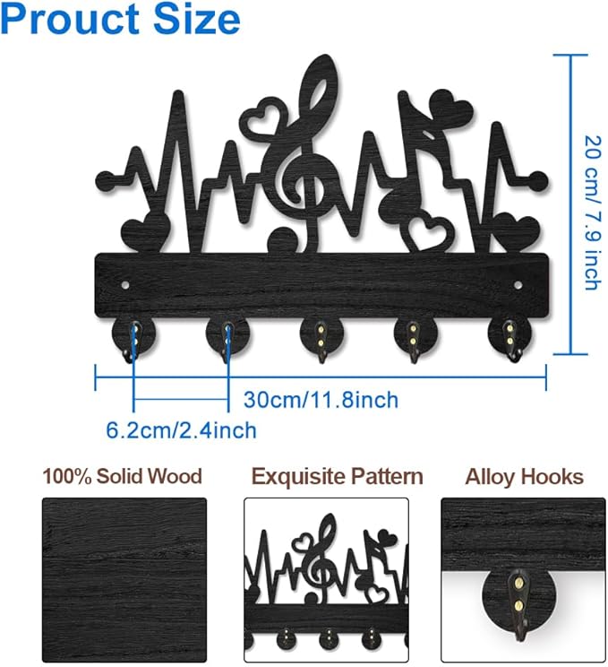 MAYJOYDIY Music Notes Wood Key Holder for Wall Love ECG Musical Wall Mounted Key Hooks 11.8×7.9inch Coat Hanger Rack with 5 Alloy Hooks for Entryway Front Door Kitchen Office Decoration