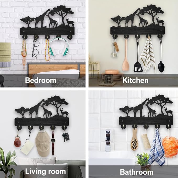 MAYJOYDIY Africa Giraffe Coat Rack Wood Key Holder 11.87.9inch Giraffe Family Deer Decorative Wall Hooks 5 Alloy Hooks Animal Tree Black Wall Hanger for Gifts Entryway Room Home
